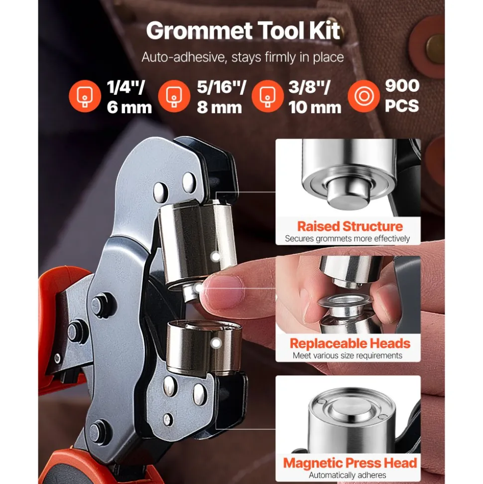 VEVOR Grommet Tool Kit 1/4" 5/16" 3/8" 900 PCS Grommets Eyelet Tool Kit, with Eyelets and Washers, Manual Grommet Press Pliers, Hole Punch Tools, Blocks, for Leather, Tarps, Shoes, Crafts, Fabric