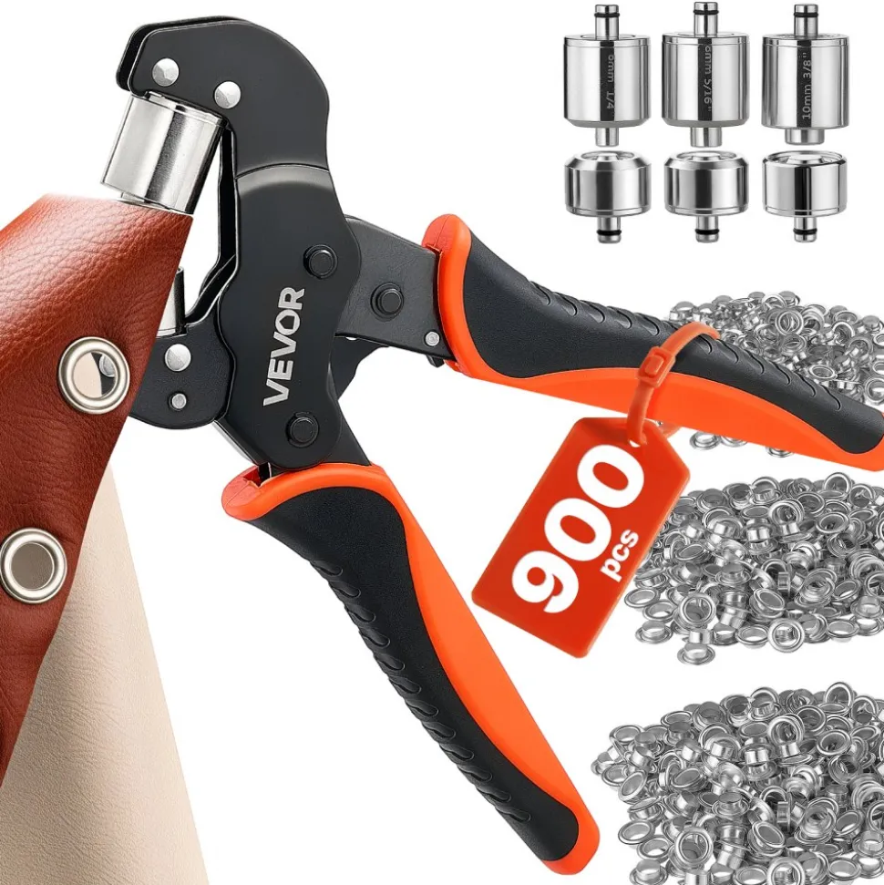 VEVOR Grommet Tool Kit 1/4" 5/16" 3/8" 900 PCS Grommets Eyelet Tool Kit, with Eyelets and Washers, Manual Grommet Press Pliers, Hole Punch Tools, Blocks, for Leather, Tarps, Shoes, Crafts, Fabric