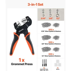VEVOR Grommet Tool Kit 5/16" 3/8" 1/2" 900 PCS Grommets Eyelet Tool Kit, with Eyelets and Washers, Manual Grommet Press Pliers, Hole Punch Tools, Blocks, for Leather, Tarps, Shoes, Crafts, Fabric