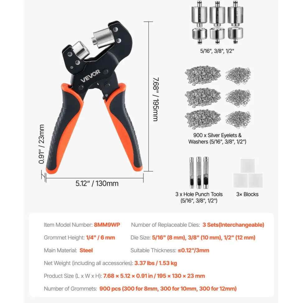VEVOR Grommet Tool Kit 5/16" 3/8" 1/2" 900 PCS Grommets Eyelet Tool Kit, with Eyelets and Washers, Manual Grommet Press Pliers, Hole Punch Tools, Blocks, for Leather, Tarps, Shoes, Crafts, Fabric