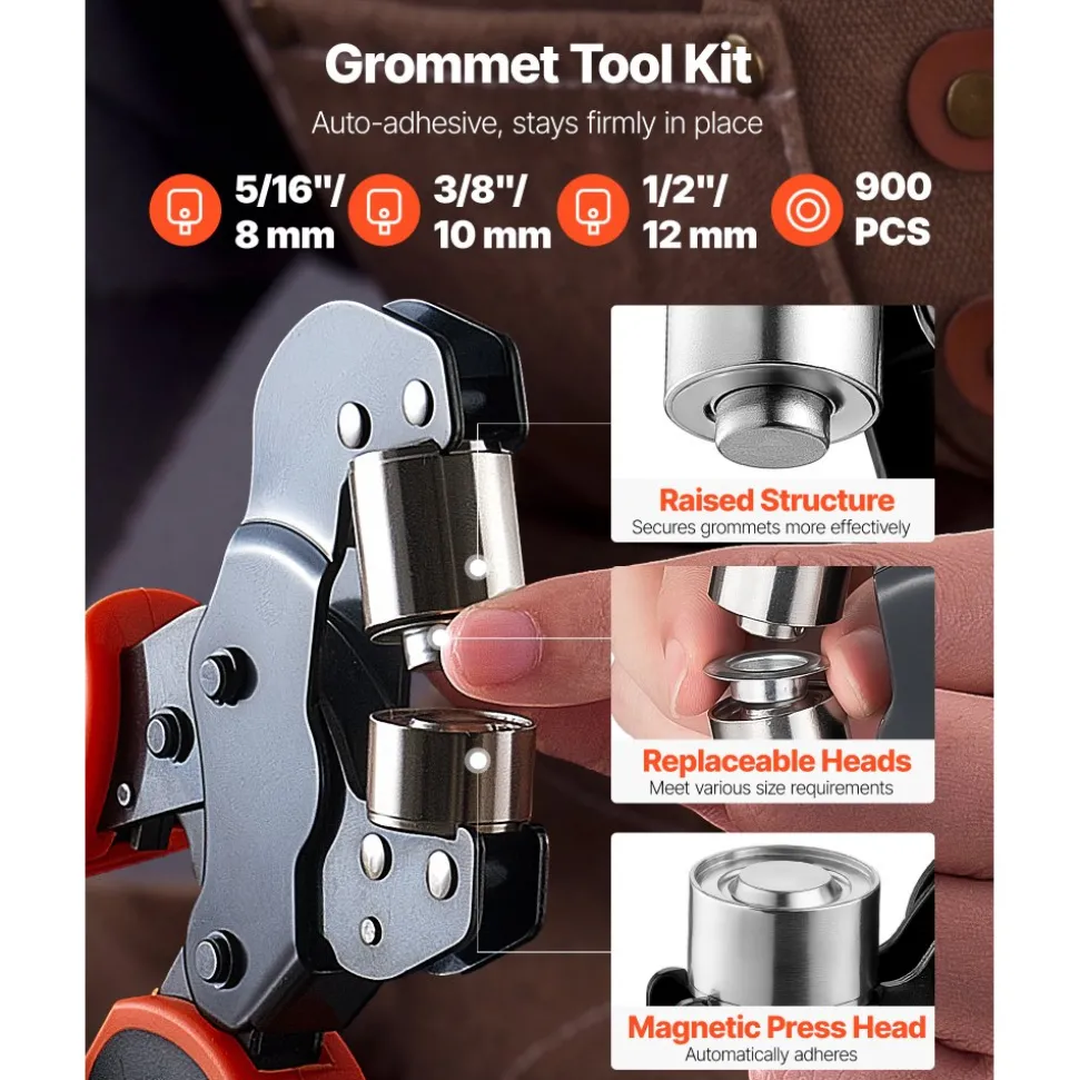 VEVOR Grommet Tool Kit 5/16" 3/8" 1/2" 900 PCS Grommets Eyelet Tool Kit, with Eyelets and Washers, Manual Grommet Press Pliers, Hole Punch Tools, Blocks, for Leather, Tarps, Shoes, Crafts, Fabric