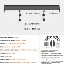 VEVOR GT Wing Car Spoiler, 43.3 inch Universal Spoiler with Single Deck, Adjustable Lightweight Aluminum, Car Rear Spoiler Wing, Racing Spoiler BGW/JDM Drift Black