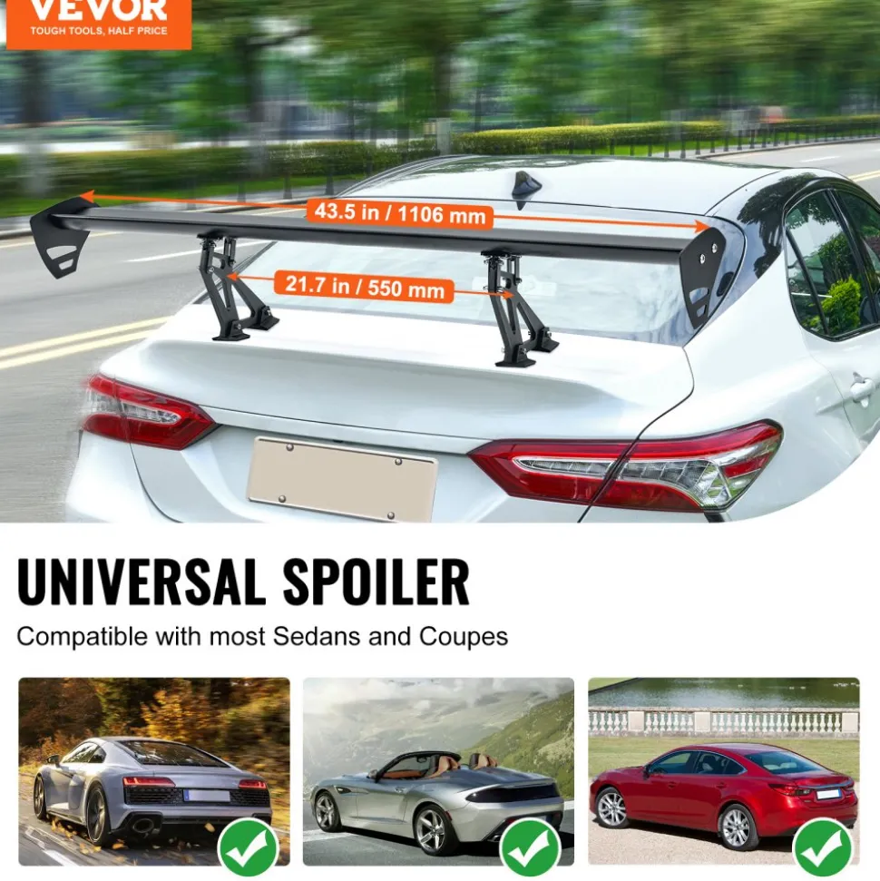 VEVOR GT Wing Car Spoiler, 43.3 inch Universal Spoiler with Single Deck, Adjustable Lightweight Aluminum, Car Rear Spoiler Wing, Racing Spoiler BGW/JDM Drift Black