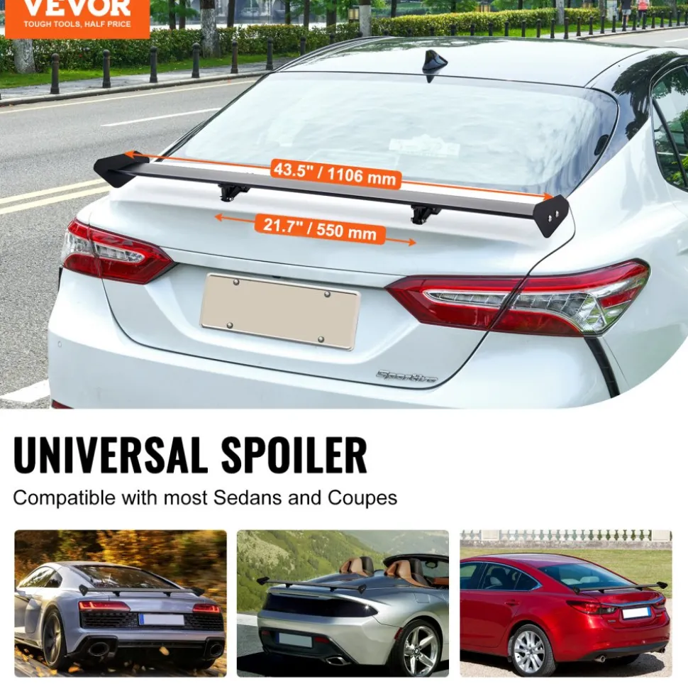 VEVOR GT Wing Car Spoiler, 43.3 inch Universal Spoiler with Single Deck, Adjustable Lightweight Aluminum, Car Rear Spoiler Wing, Racing Spoiler BGW/JDM Drift Black