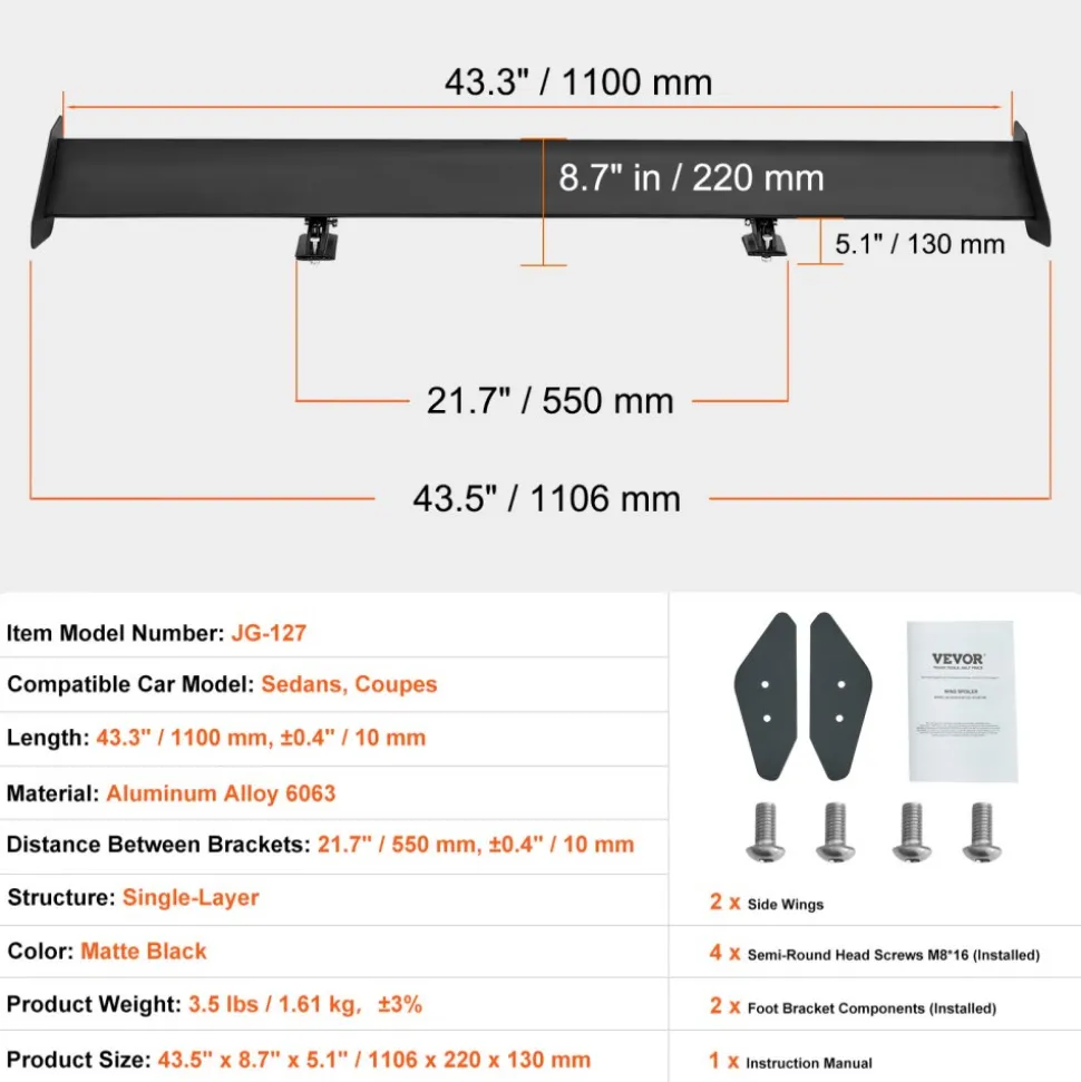 VEVOR GT Wing Car Spoiler, 43.3 inch Universal Spoiler with Single Deck, Adjustable Lightweight Aluminum, Car Rear Spoiler Wing, Racing Spoiler BGW/JDM Drift Black