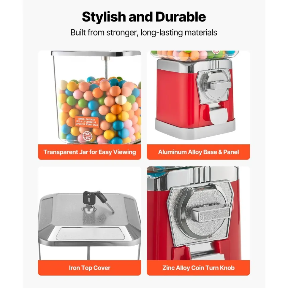VEVOR Gumball Machine for Kids, 17"H Home Candy Vending Machine, PC Gumball Dispenser, Bubble Gum Machine for Game Stores, Coin Operated Gumball Bank for Toy Capsules Bouncy Balls Candy, Red