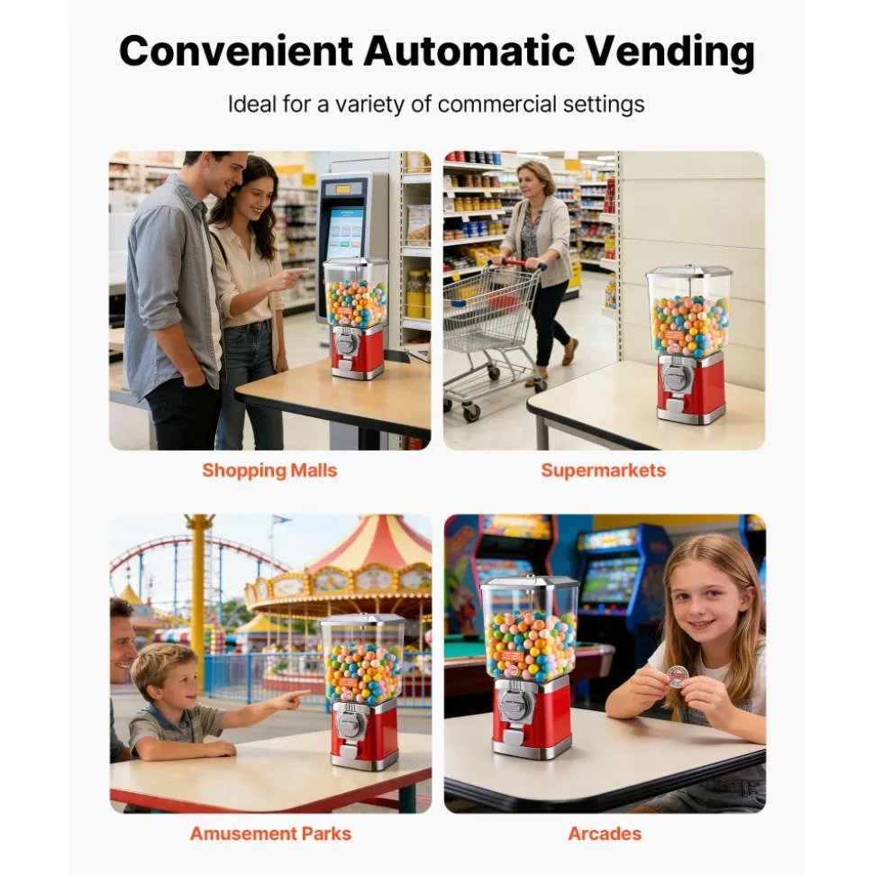 VEVOR Gumball Machine for Kids, 17"H Home Candy Vending Machine, PC Gumball Dispenser, Bubble Gum Machine for Game Stores, Coin Operated Gumball Bank for Toy Capsules Bouncy Balls Candy, Red