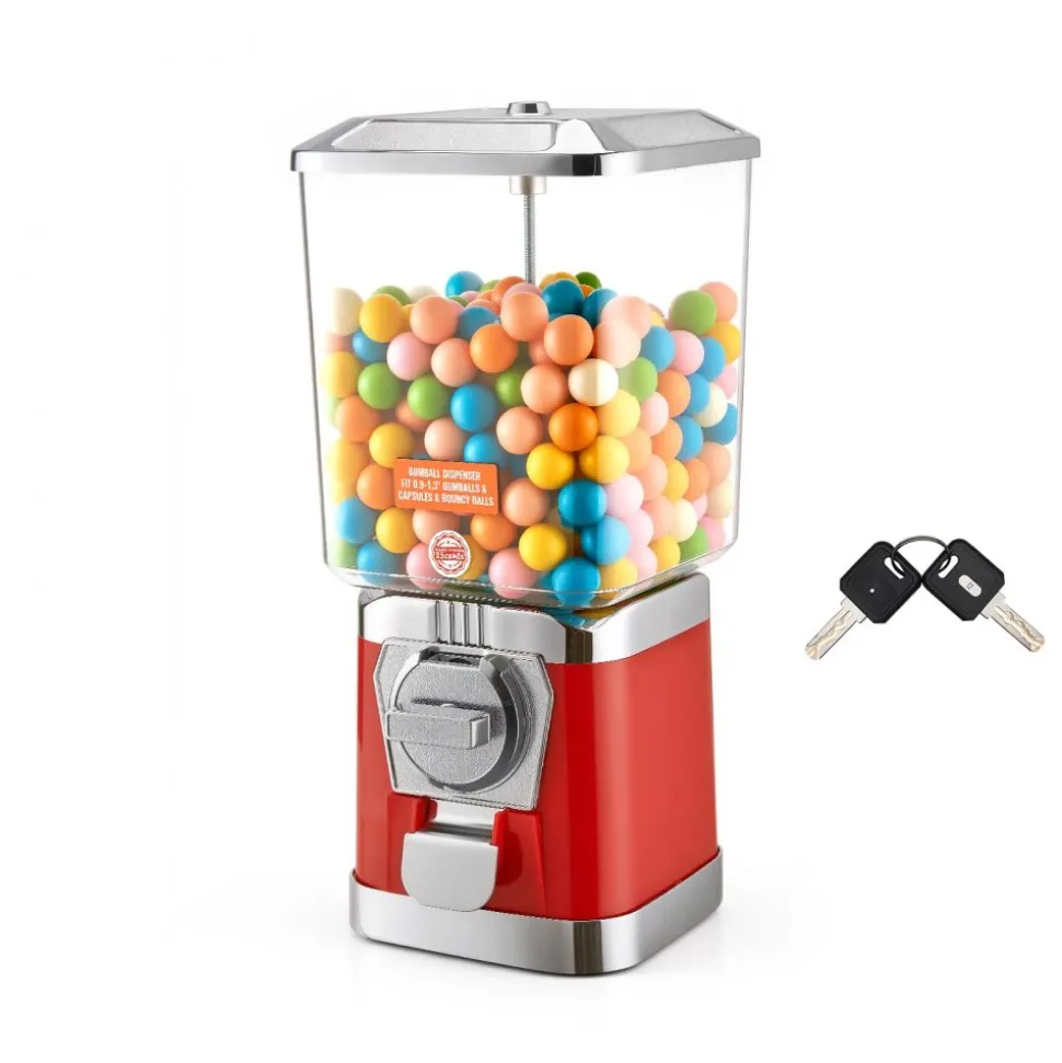 VEVOR Gumball Machine for Kids, 17"H Home Candy Vending Machine, PC Gumball Dispenser, Bubble Gum Machine for Game Stores, Coin Operated Gumball Bank for Toy Capsules Bouncy Balls Candy, Red
