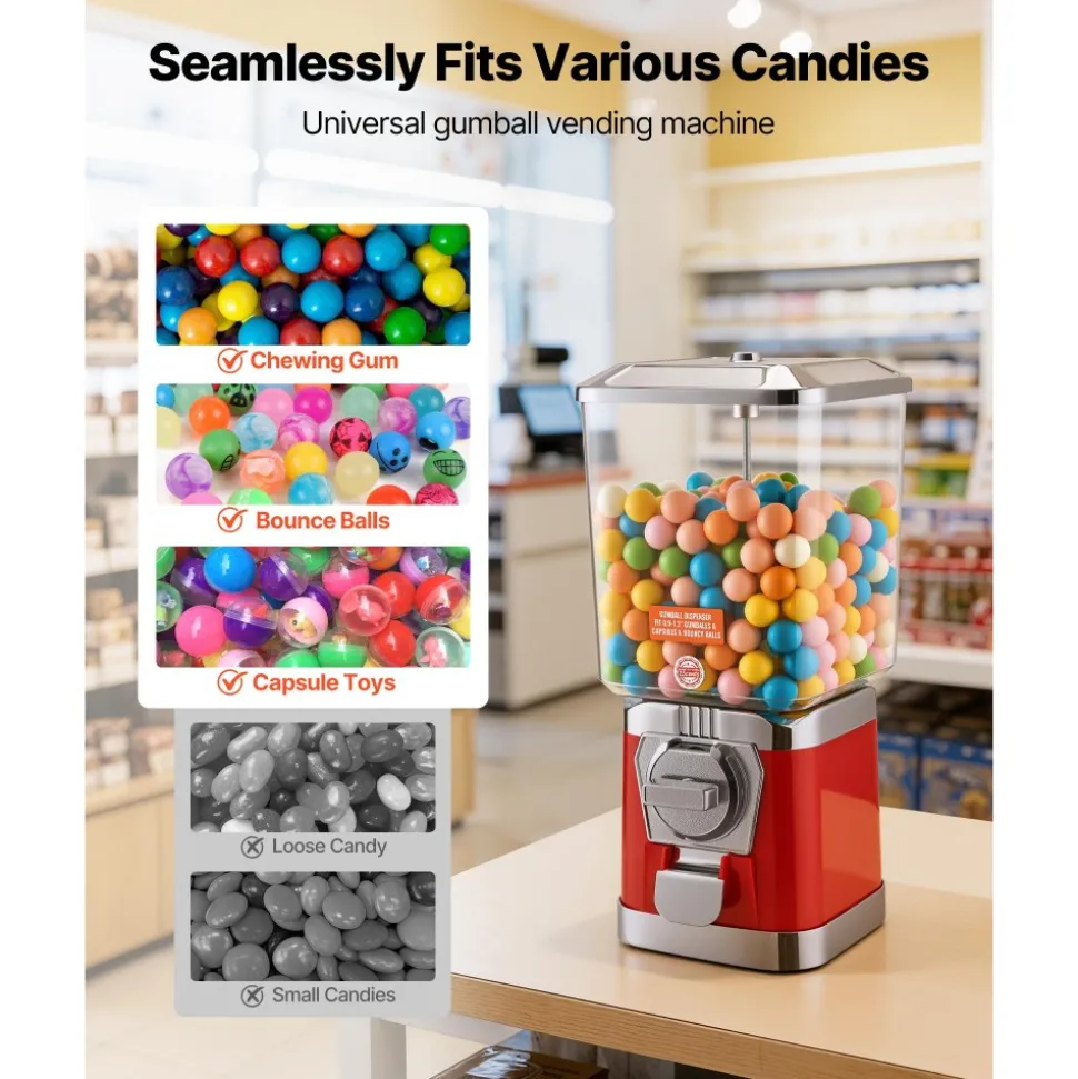 VEVOR Gumball Machine for Kids, 17"H Home Candy Vending Machine, PC Gumball Dispenser, Bubble Gum Machine for Game Stores, Coin Operated Gumball Bank for Toy Capsules Bouncy Balls Candy, Red
