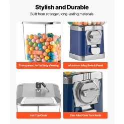 VEVOR Gumball Machine for Kids, 17"H Home Candy Vending Machine, PC Gumball Dispenser, Bubble Gum Machine for Game Stores, Coin Operated Gumball Bank for Toy Capsules Bouncy Balls Candy, Blue