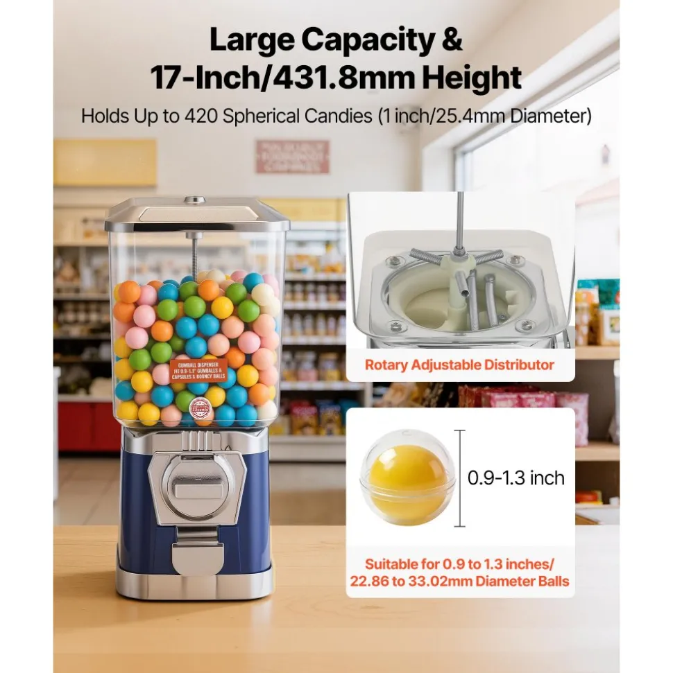 VEVOR Gumball Machine for Kids, 25" Height Home Vending Machine, PS Bouncy Balls Dispenser, Hold 230 Capsule Toys, Rectangle Bubble Gum Machine for Game Stores, Coin Operated Gumball Bank, Red