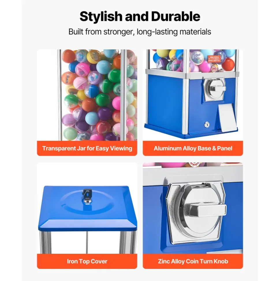 VEVOR Gumball Machine for Kids, 25" Height Home Vending Machine, PS Bouncy Balls Dispenser, Hold 230 Capsule Toys, Rectangle Bubble Gum Machine for Game Stores, Coin Operated Gumball Bank, Blue