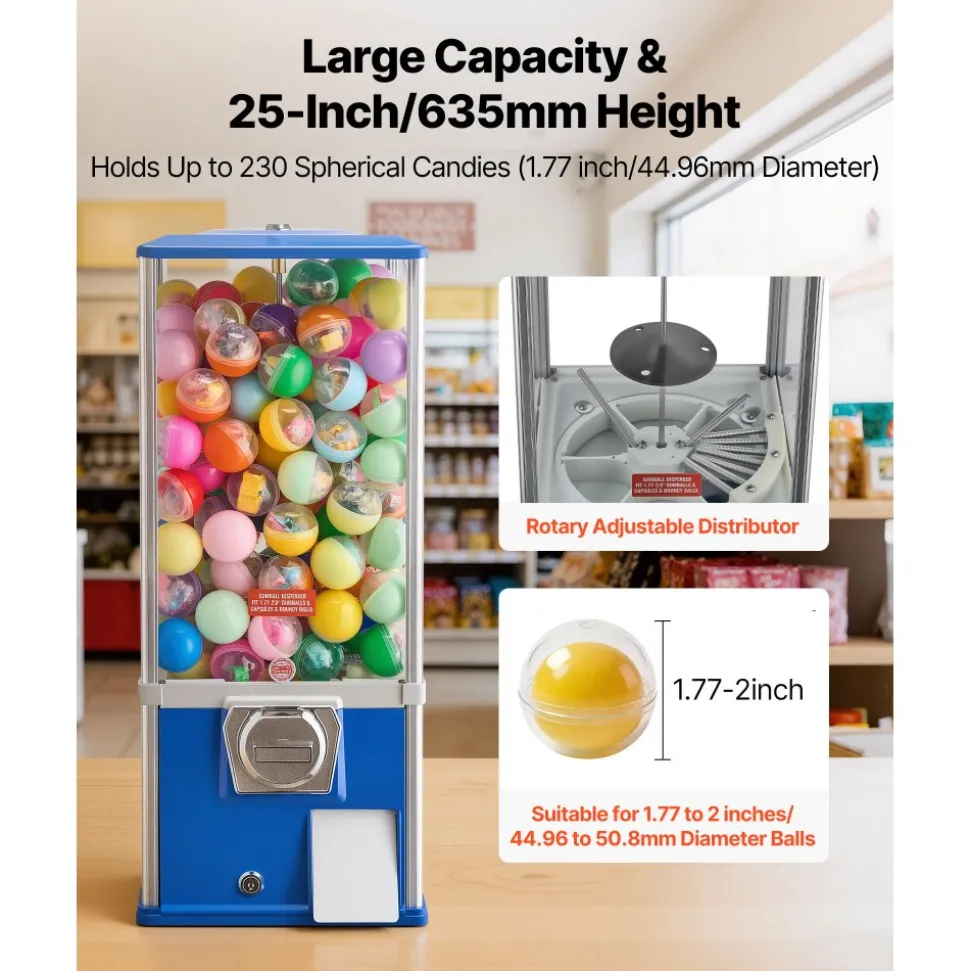 VEVOR Gumball Machine for Kids, 25" Height Home Vending Machine, PS Bouncy Balls Dispenser, Hold 230 Capsule Toys, Rectangle Bubble Gum Machine for Game Stores, Coin Operated Gumball Bank, Blue