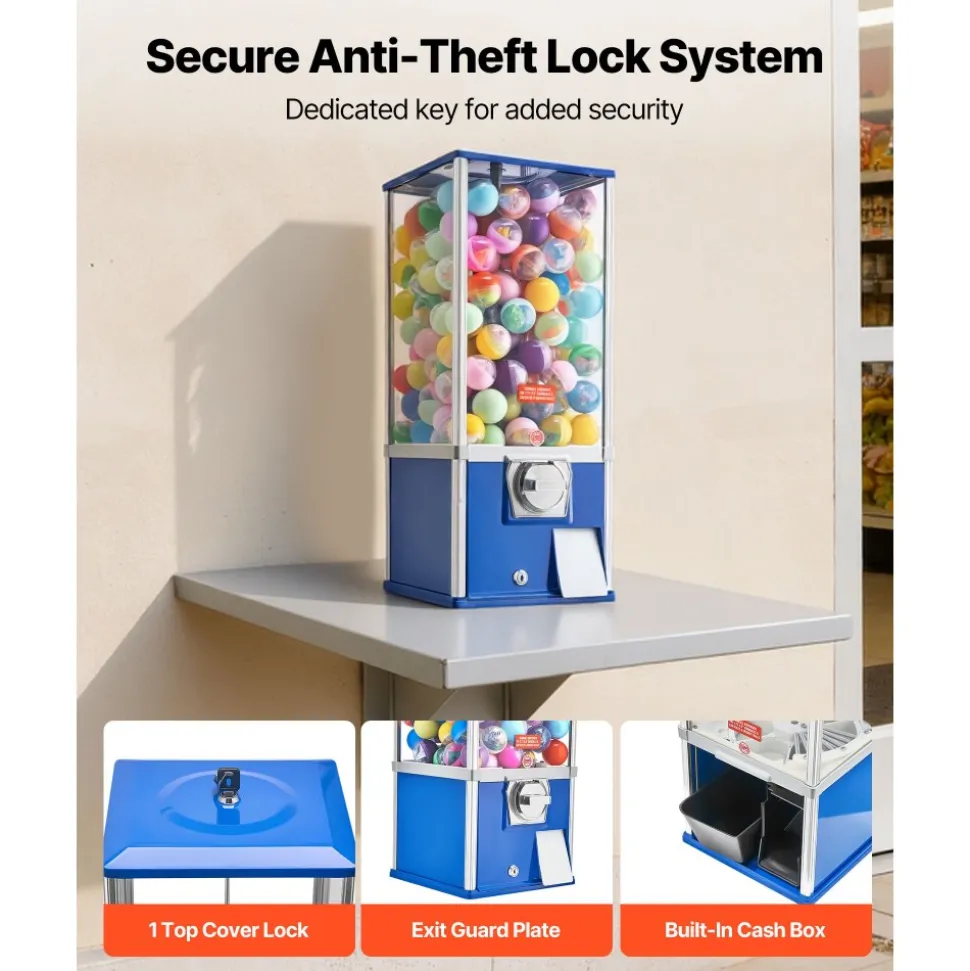 VEVOR Gumball Machine for Kids, 25" Height Home Vending Machine, PS Bouncy Balls Dispenser, Hold 230 Capsule Toys, Rectangle Bubble Gum Machine for Game Stores, Coin Operated Gumball Bank, Blue
