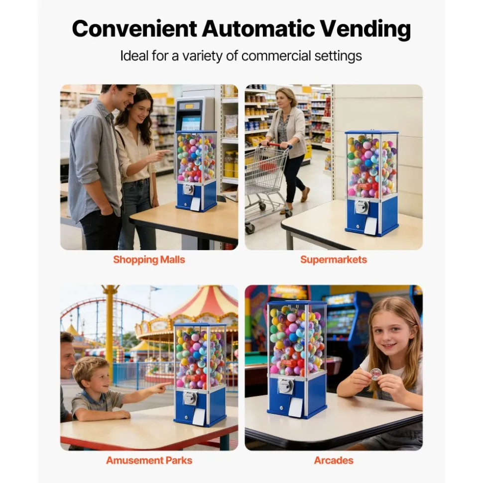 VEVOR Gumball Machine for Kids, 25" Height Home Vending Machine, PS Bouncy Balls Dispenser, Hold 230 Capsule Toys, Rectangle Bubble Gum Machine for Game Stores, Coin Operated Gumball Bank, Blue