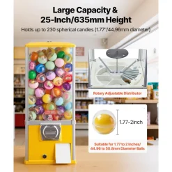 VEVOR Gumball Machine, 25 inch Height Candy Vending Machine Dispenser, 25-Cent Vending Machines for Shopping Malls, Supermarkets, Amusement Parks, Arcades, Holds Up to 230 1.77 inch Spherical Candies