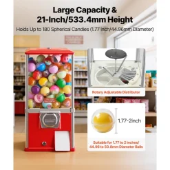 VEVOR Gumball Machine, 21 inch Height Candy Vending Machine Dispenser, 25-Cent Vending Machines for Shopping Malls, Supermarkets, Amusement Parks, Arcades, Holds Up to 180 1.77 inch Spherical Candies