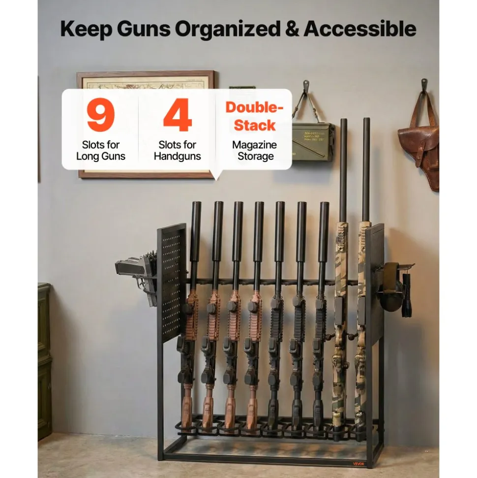 VEVOR Gun Rack, Floor Standing, Indoor Heavy Duty Steel Rifle Shotgun Rack Stand, Freestanding Gun Display Storage with Magazine Holder, Holds up to 9 Rifles and 4 Pistols, for Home Garage Storage