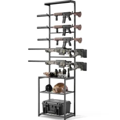 VEVOR Gun Rack, Floor Standing, Indoor Rifle Shotgun Rack Stand with Storage Shelf, for Wall Mount Gun Display Stand, Holds up to 5 Rifles, Heavy Duty Steel, for Home Garage Hunting Long Guns Storage
