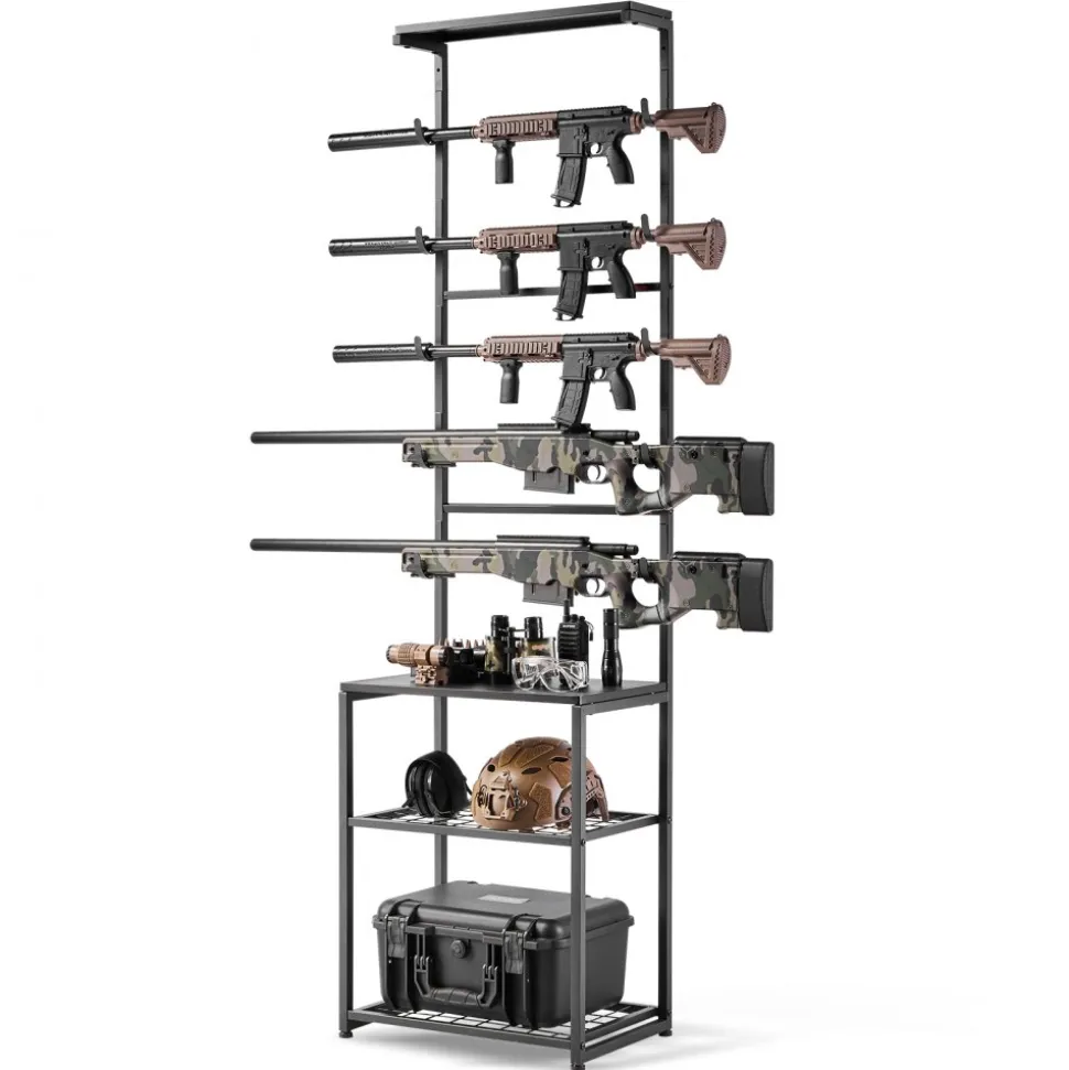 VEVOR Gun Rack, Floor Standing, Indoor Rifle Shotgun Rack Stand with Storage Shelf, for Wall Mount Gun Display Stand, Holds up to 5 Rifles, Heavy Duty Steel, for Home Garage Hunting Long Guns Storage