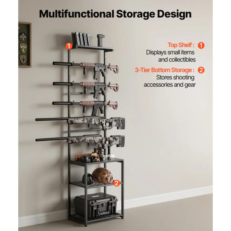 VEVOR Gun Rack, Floor Standing, Indoor Rifle Shotgun Rack Stand with Storage Shelf, for Wall Mount Gun Display Stand, Holds up to 5 Rifles, Heavy Duty Steel, for Home Garage Hunting Long Guns Storage