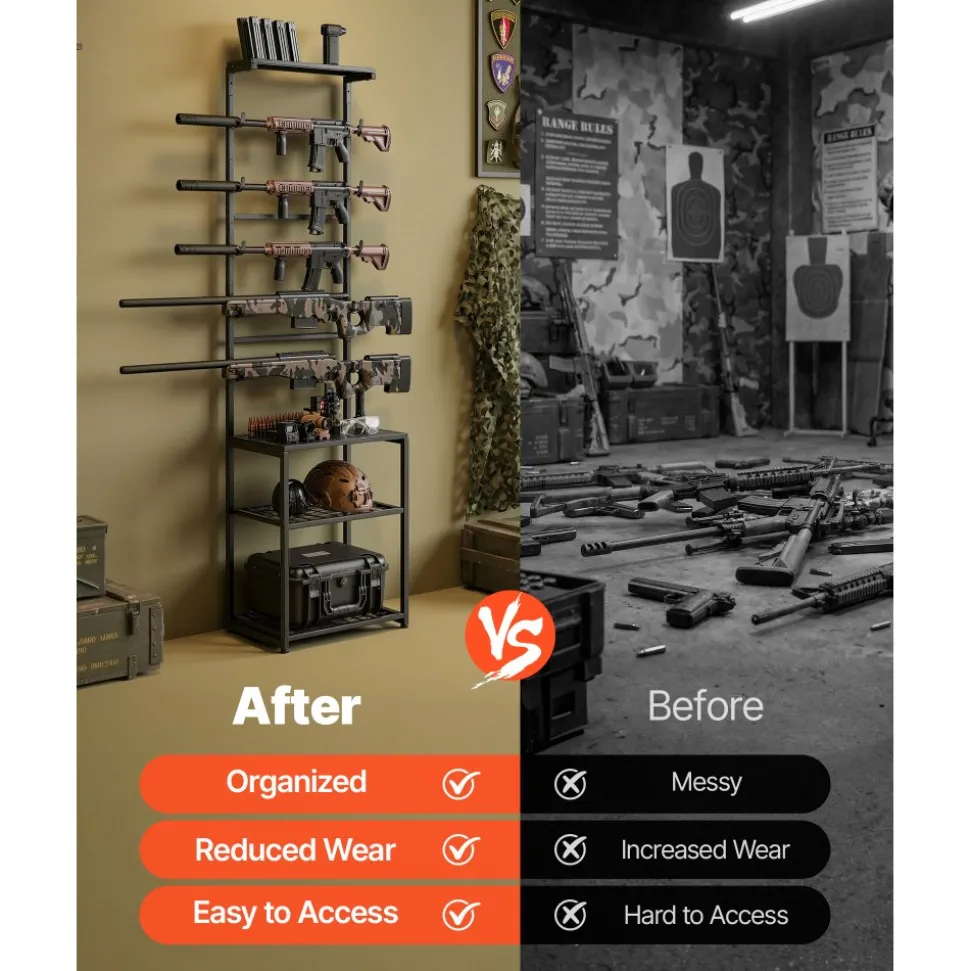 VEVOR Gun Rack, Floor Standing, Indoor Rifle Shotgun Rack Stand with Storage Shelf, for Wall Mount Gun Display Stand, Holds up to 5 Rifles, Heavy Duty Steel, for Home Garage Hunting Long Guns Storage