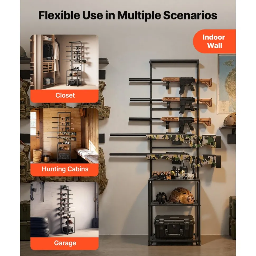 VEVOR Gun Rack, Floor Standing, Indoor Rifle Shotgun Rack Stand with Storage Shelf, for Wall Mount Gun Display Stand, Holds up to 5 Rifles, Heavy Duty Steel, for Home Garage Hunting Long Guns Storage
