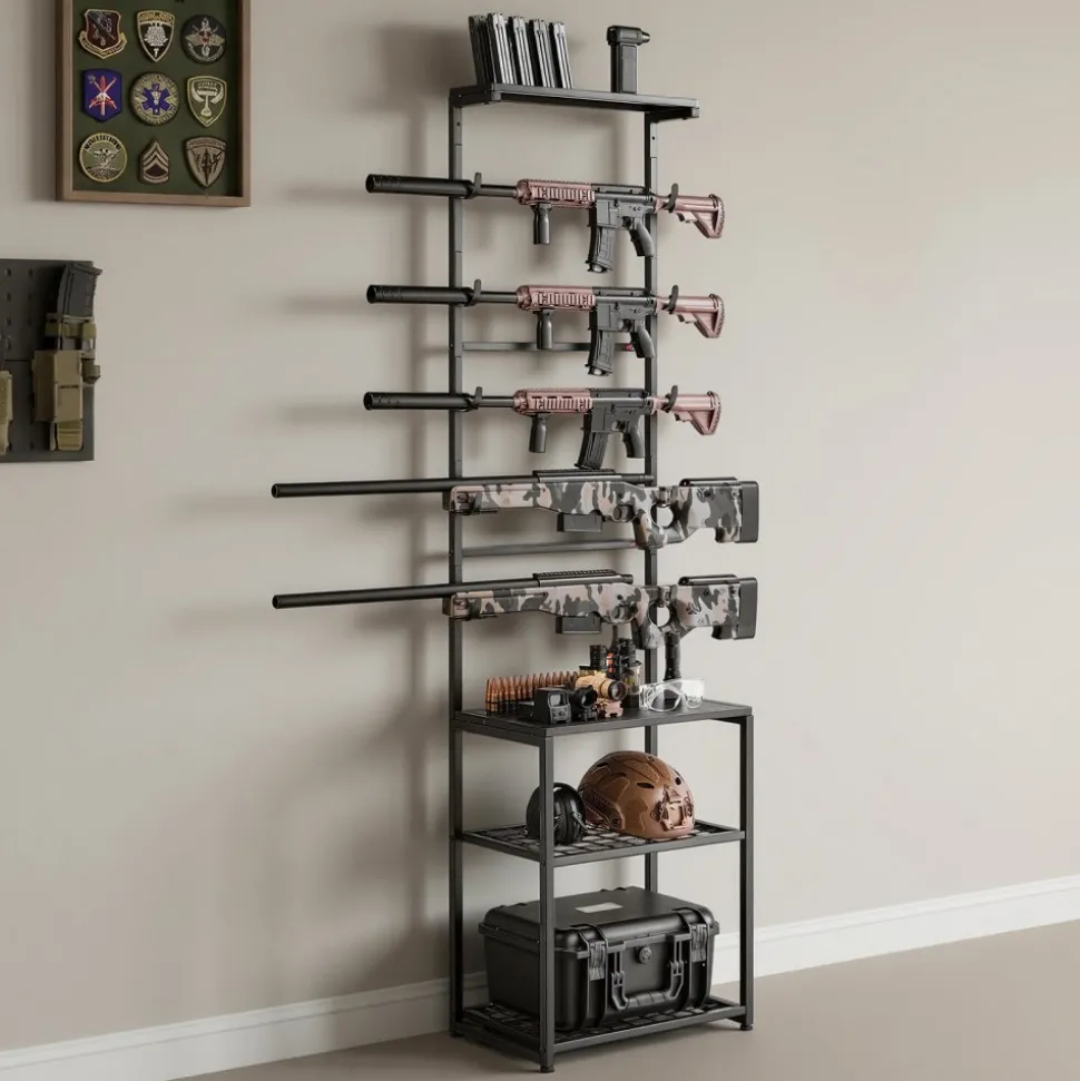VEVOR Gun Rack, Floor Standing, Indoor Rifle Shotgun Rack Stand with Storage Shelf, for Wall Mount Gun Display Stand, Holds up to 5 Rifles, Heavy Duty Steel, for Home Garage Hunting Long Guns Storage
