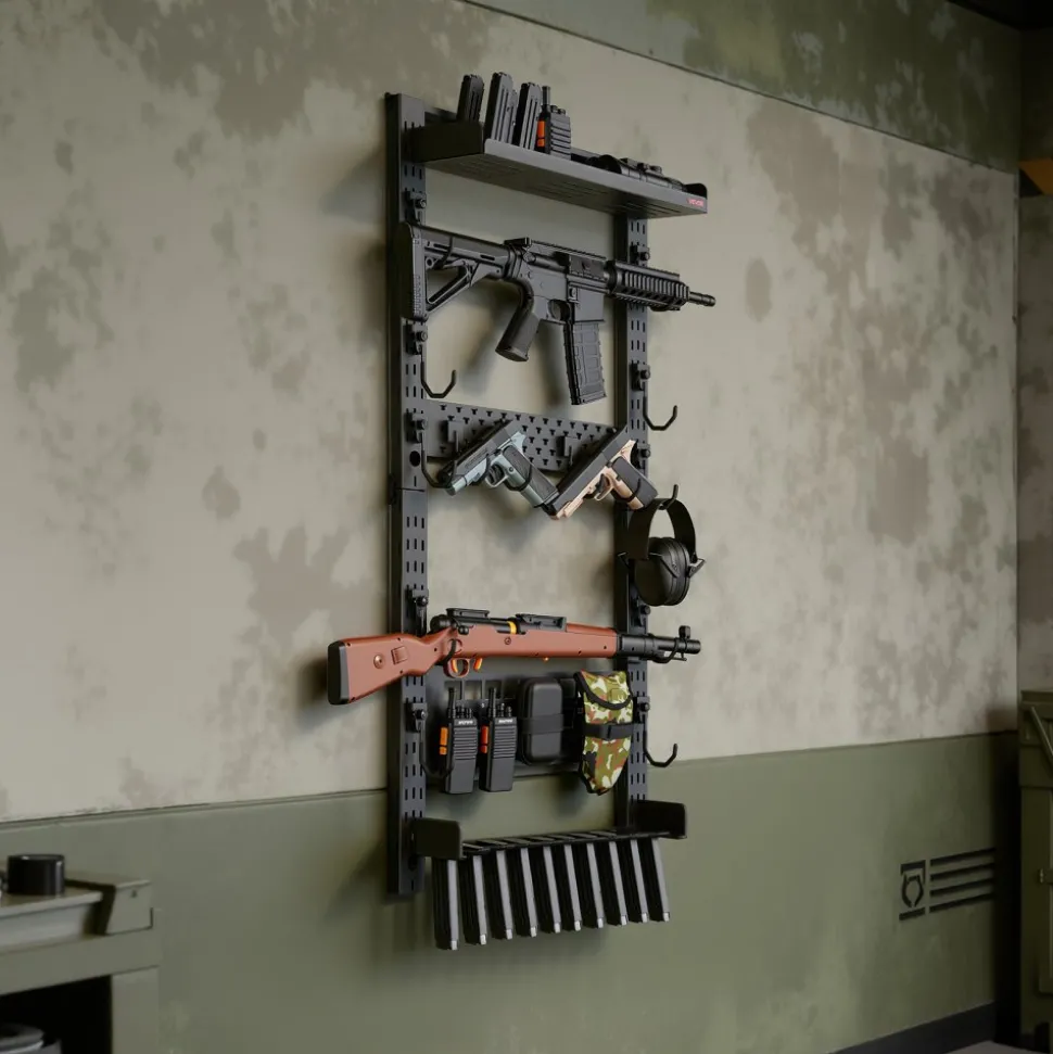 VEVOR Gun Rack Wall Mount, Heavy Duty Steel, Indoor Rifle Shotgun Rack with Magazine Holder, MOLLE Panel, Gun Accessories Display Storage Holder, Hold Up to 5 Rifles or Shotguns, for Tactical Gear