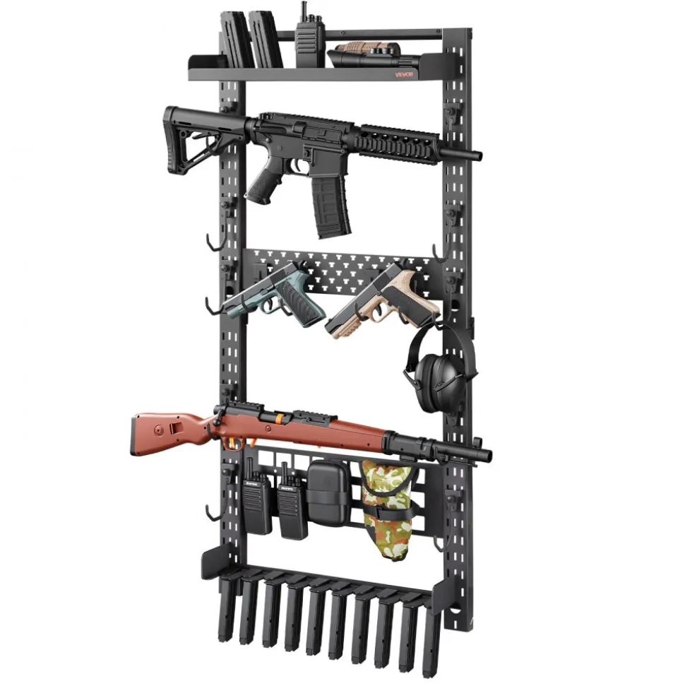 VEVOR Gun Rack Wall Mount, Heavy Duty Steel, Indoor Rifle Shotgun Rack with Magazine Holder, MOLLE Panel, Gun Accessories Display Storage Holder, Hold Up to 5 Rifles or Shotguns, for Tactical Gear