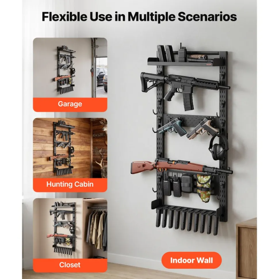 VEVOR Gun Rack Wall Mount, Heavy Duty Steel, Indoor Rifle Shotgun Rack with Magazine Holder, MOLLE Panel, Gun Accessories Display Storage Holder, Hold Up to 5 Rifles or Shotguns, for Tactical Gear