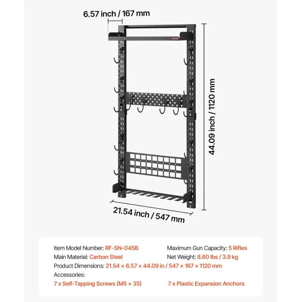 VEVOR Gun Rack Wall Mount, Heavy Duty Steel, Indoor Rifle Shotgun Rack with Magazine Holder, MOLLE Panel, Gun Accessories Display Storage Holder, Hold Up to 5 Rifles or Shotguns, for Tactical Gear