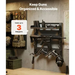 VEVOR Gun Rack Wall Mount, Heavy Duty Steel, Indoor Rifle Shotgun Rack with J-Hooks, Additional Tray Storage, Gun Accessories Display Storage Holder, Hold Up to 3 Rifles or Shotguns, for Tactical Gear