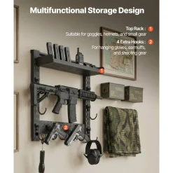 VEVOR Gun Rack Wall Mount, Heavy Duty Steel, Indoor Rifle Shotgun Rack with J-Hooks, Additional Tray Storage, Gun Accessories Display Storage Holder, Hold Up to 3 Rifles or Shotguns, for Tactical Gear