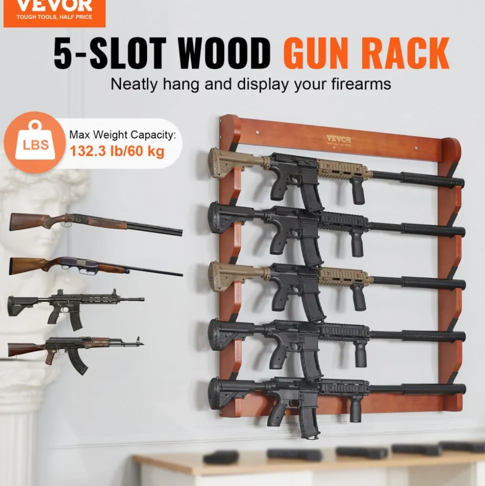 VEVOR Gun Rack, Wood Gun Rack Wall Mount, Gun Display Rack holds 5 Rifles, Shotguns, 132 lb Heavy Duty Wall Storage Display Rifle Rack with Soft Padding