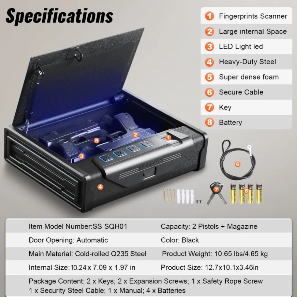 VEVOR Gun Safe for Pistols, Biometric Gun Safe with Three Quick Access Ways of Fingerprints, Passwords and Keys, Handgun Safe for 2 Pistols for Home, Bedside, Nightstand, Car