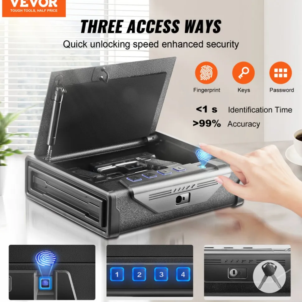 VEVOR Gun Safe for Pistols, Biometric Gun Safe with Three Quick Access Ways of Fingerprints, Passwords and Keys, Handgun Safe for 2 Pistols for Home, Bedside, Nightstand, Car