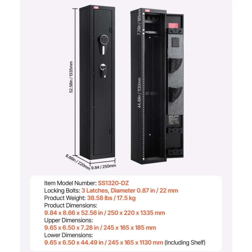 VEVOR Gun Safe, Heavy Duty Cold-Rolled Steel Fireproof Rifle Cabinet with Digital Keypad & Key, Large Long Gun Cabinet with Magazine and LED Lighting, Adjustable Racks for Rifles, Pistols, Shotgun