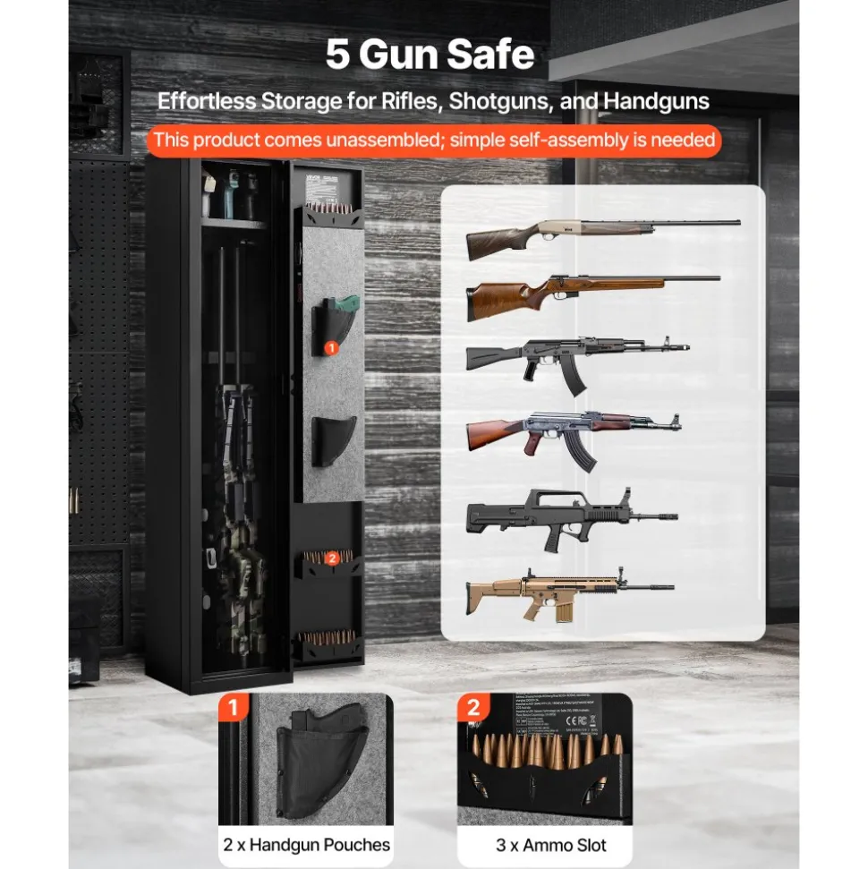 VEVOR Gun Safe, Heavy Duty Cold-Rolled Steel Fireproof Rifle Cabinet with Fingerprint, Digital Keypad & Key, Large Long Gun Cabinet with Magazine and LED, Adjustable Racks for Rifles, Pistols, Shotgun