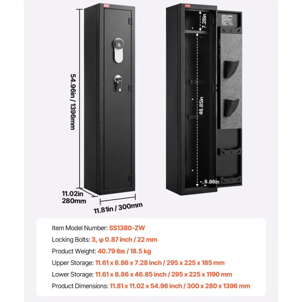 VEVOR Gun Safe, Heavy Duty Cold-Rolled Steel Fireproof Rifle Cabinet with Fingerprint, Digital Keypad & Key, Large Long Gun Cabinet with Magazine and LED, Adjustable Racks for Rifles, Pistols, Shotgun