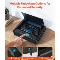 VEVOR Gun Safe, Heavy Duty Handgun Safe with Fingerprint/Password/Key, 3-Way Quick Access Firearm Case Box with Lighting for 2 Pistols & 2 Magazines, Pistol Gun Box for Nightstand Bedside Desk Car