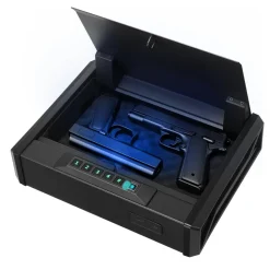 VEVOR Gun Safe, Heavy Duty Handgun Safe with Fingerprint/Password/Key, 3-Way Quick Access Firearm Case Box with Lighting for 2 Pistols & 2 Magazines, Pistol Gun Box for Nightstand Bedside Desk Car