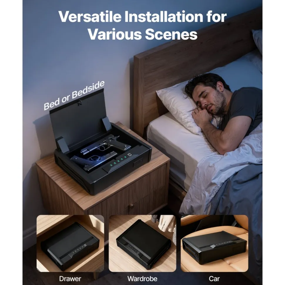 VEVOR Gun Safe, Heavy Duty Handgun Safe with Fingerprint/Password/Key, 3-Way Quick Access Firearm Case Box with Lighting for 2 Pistols & 2 Magazines, Pistol Gun Box for Nightstand Bedside Desk Car