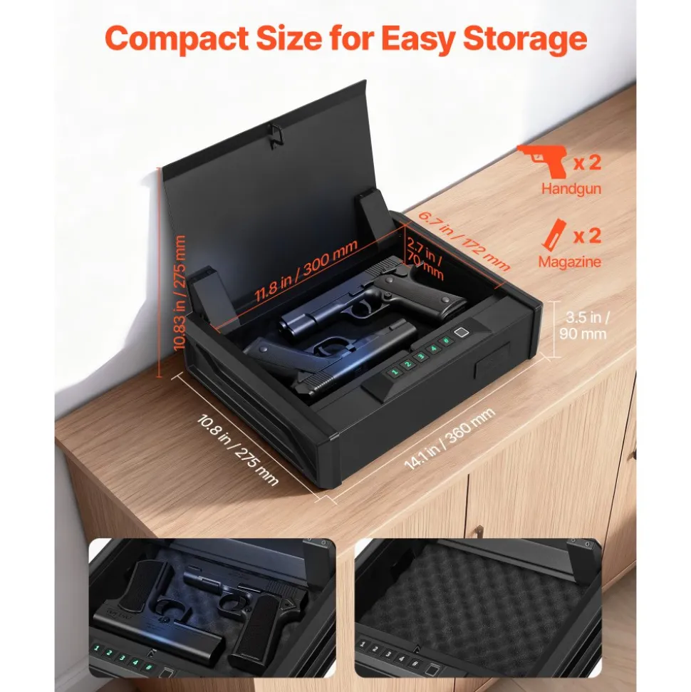 VEVOR Gun Safe, Heavy Duty Handgun Safe with Fingerprint/Password/Key, 3-Way Quick Access Firearm Case Box with Lighting for 2 Pistols & 2 Magazines, Pistol Gun Box for Nightstand Bedside Desk Car
