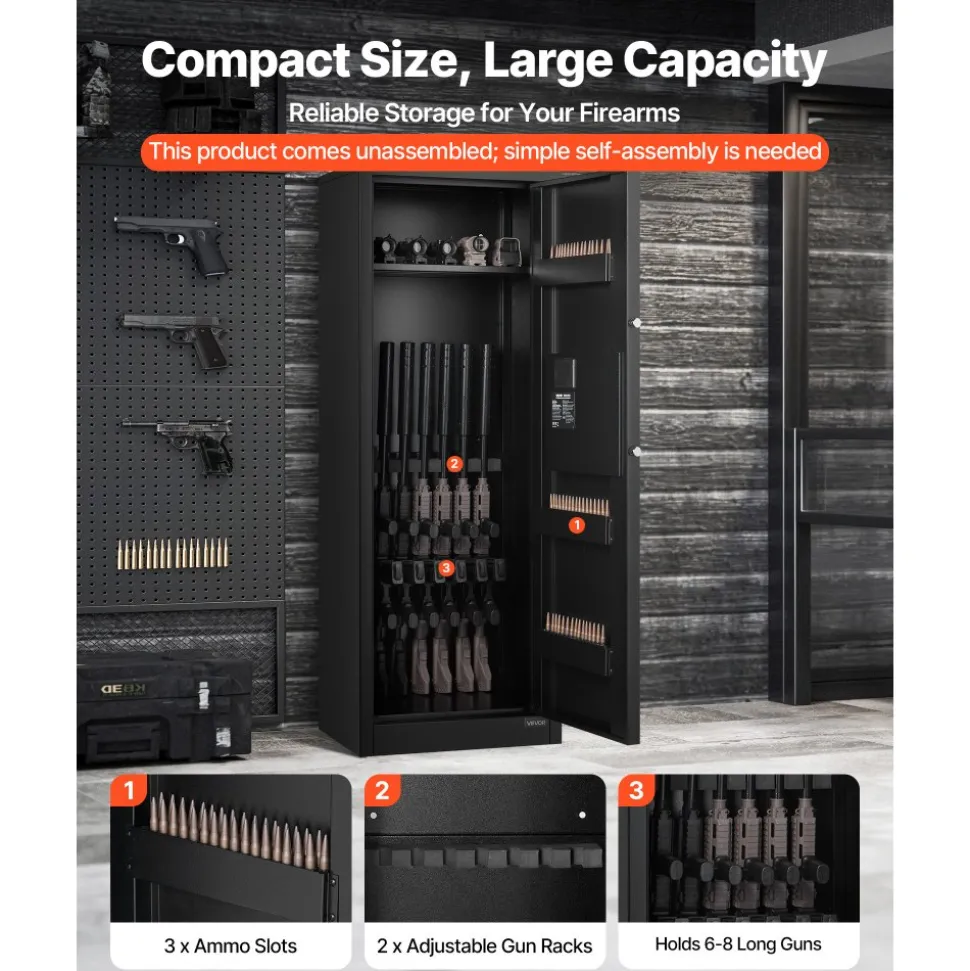 VEVOR 6-8 Gun Safe, Long Gun Cabinet for Rifles and Pistols, Quick Access Rifle Safe with 3 Ammo Slots and 2 Adjustable Racks, Large Digital Cabinet with Key and Password Lock