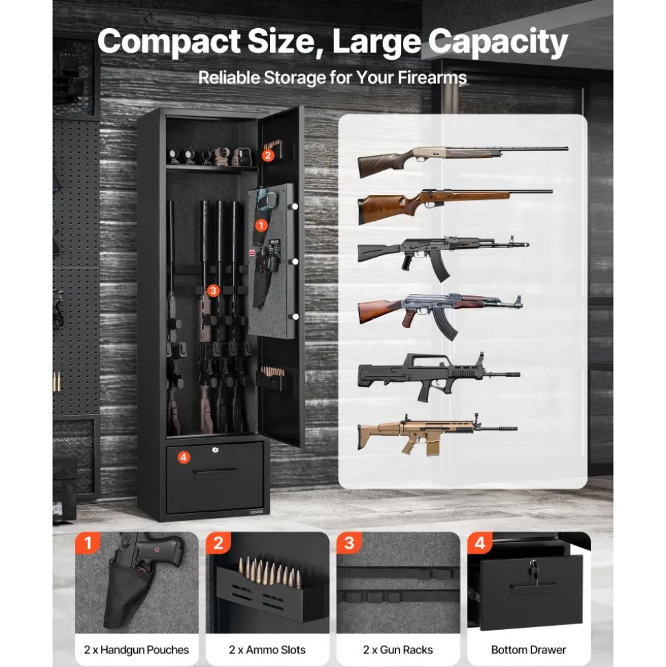 VEVOR 4 Gun Safe, Long Gun Cabinet for Rifles and Pistols, Quick Access Rifle Safe with 2 Ammo Slots, 2 Pistol Pockets & 2 Adjustable Racks, Large Digital Cabinet with Key and Password Lock