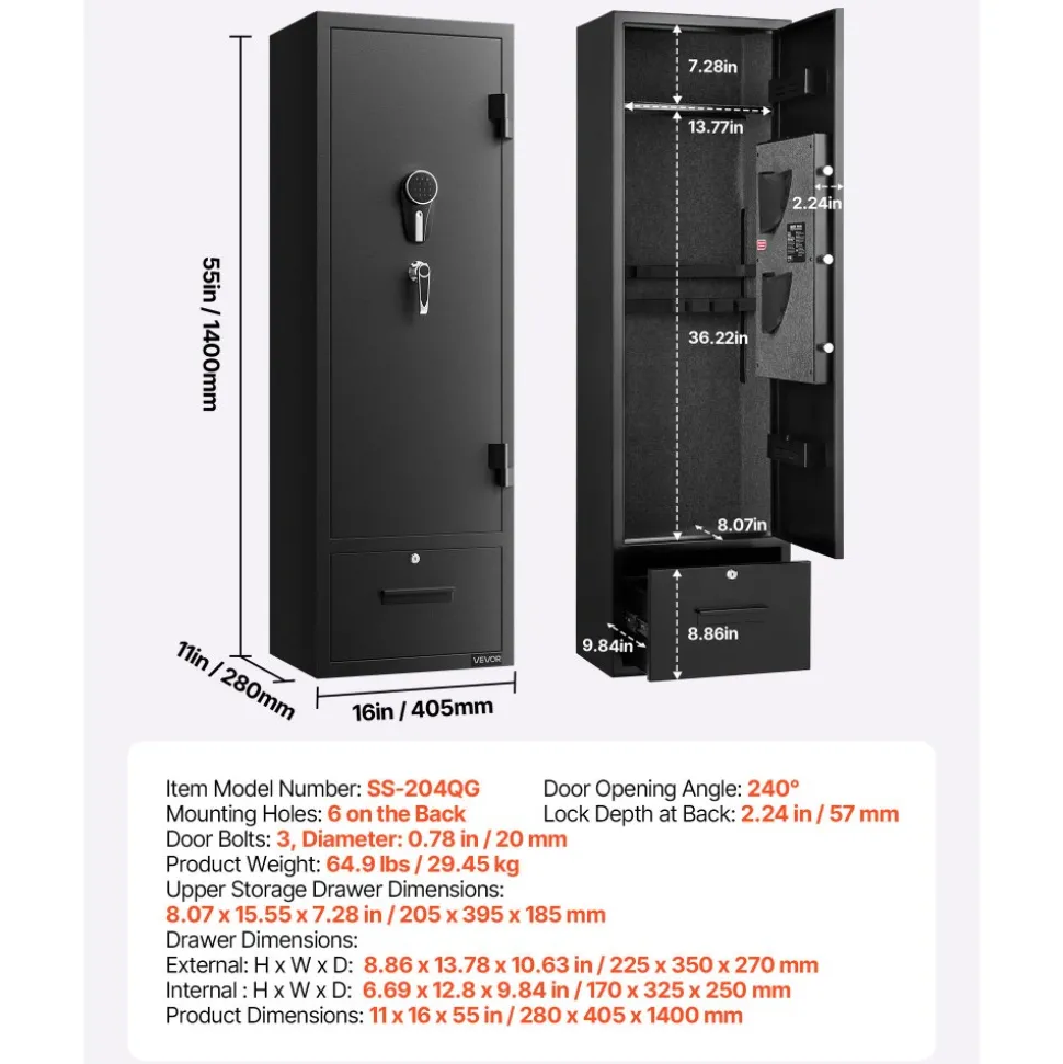 VEVOR 4 Gun Safe, Long Gun Cabinet for Rifles and Pistols, Quick Access Rifle Safe with 2 Ammo Slots, 2 Pistol Pockets & 2 Adjustable Racks, Large Digital Cabinet with Key and Password Lock