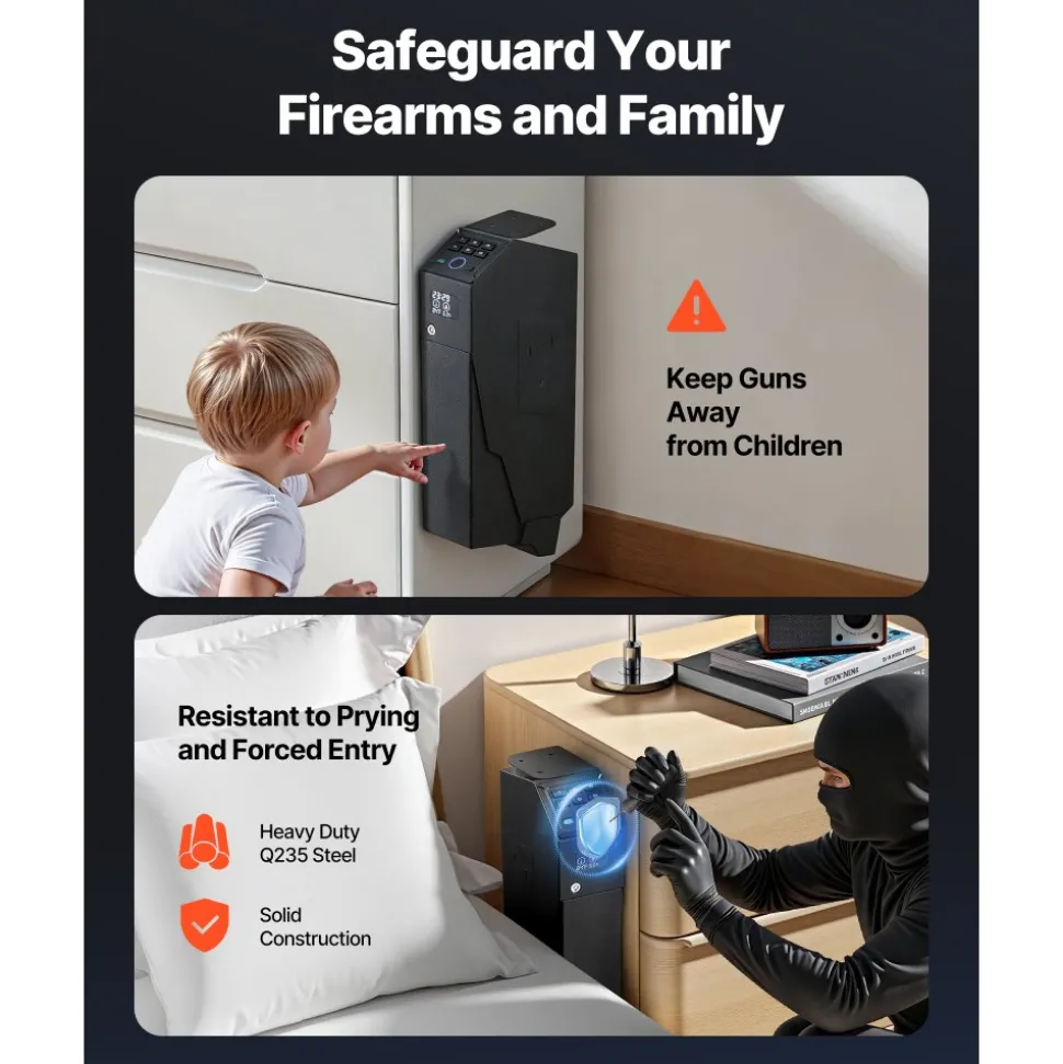 VEVOR Gun Safe, Slider Handgun Gun Safe with Screen, Fingerprint/Password/Key, 3-Way Quick Access Firearm Case Box with LED for 1 Pistol & Magazine, Mounted Gun Box for Nightstand Bedside Desk Car