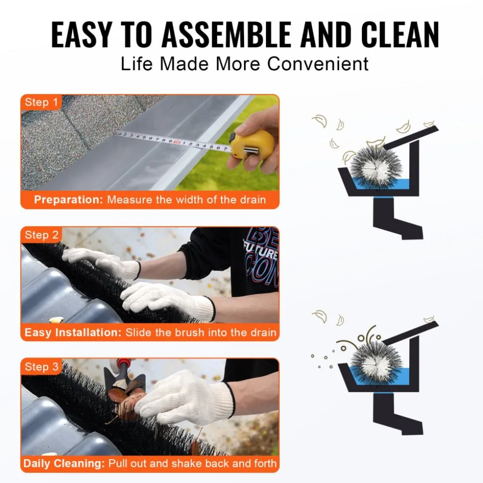 VEVOR Gutter Brush, 60 Feet Total Length 4.33 inch Diameter Gutter Cleaning Tools, Ground-Level Gutter Brush Leaf Guard for 5 Inch Gutters, Easily Clear roof Leaves and Debris, 20 Pack