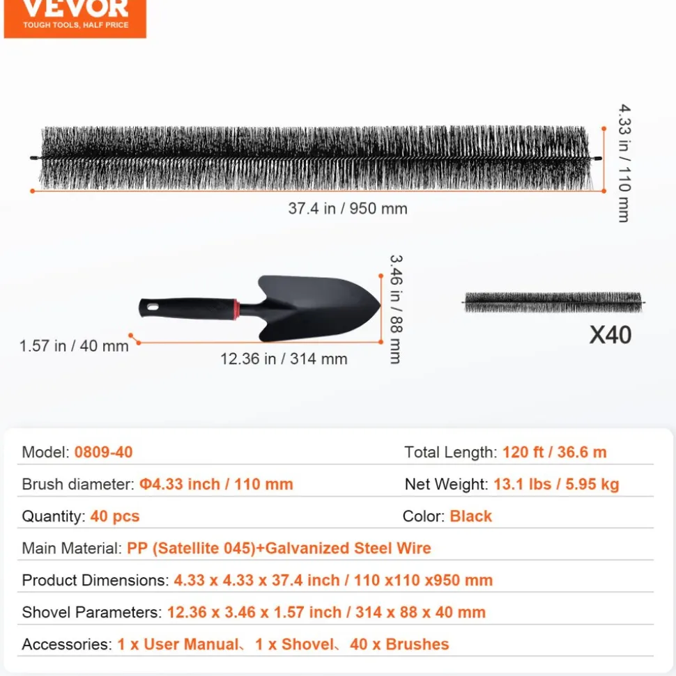 VEVOR Gutter Brush, 120 Feet Total Length 4.33 inch Diameter Gutter Cleaning Tools, Ground-Level Gutter Brush Leaf Guard for 5 Inch Gutters, Easily Clear roof Leaves and Debris, 40 Pack